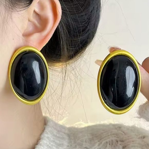Anthropologie Jewelry - Vintage Oversized Black Brass Oval Statement Earrings